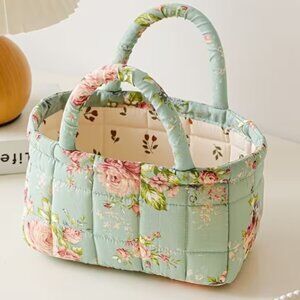 Vintage Floral Print Quilted Storage Basket w/Handles Cottagecore Retro Bohemian